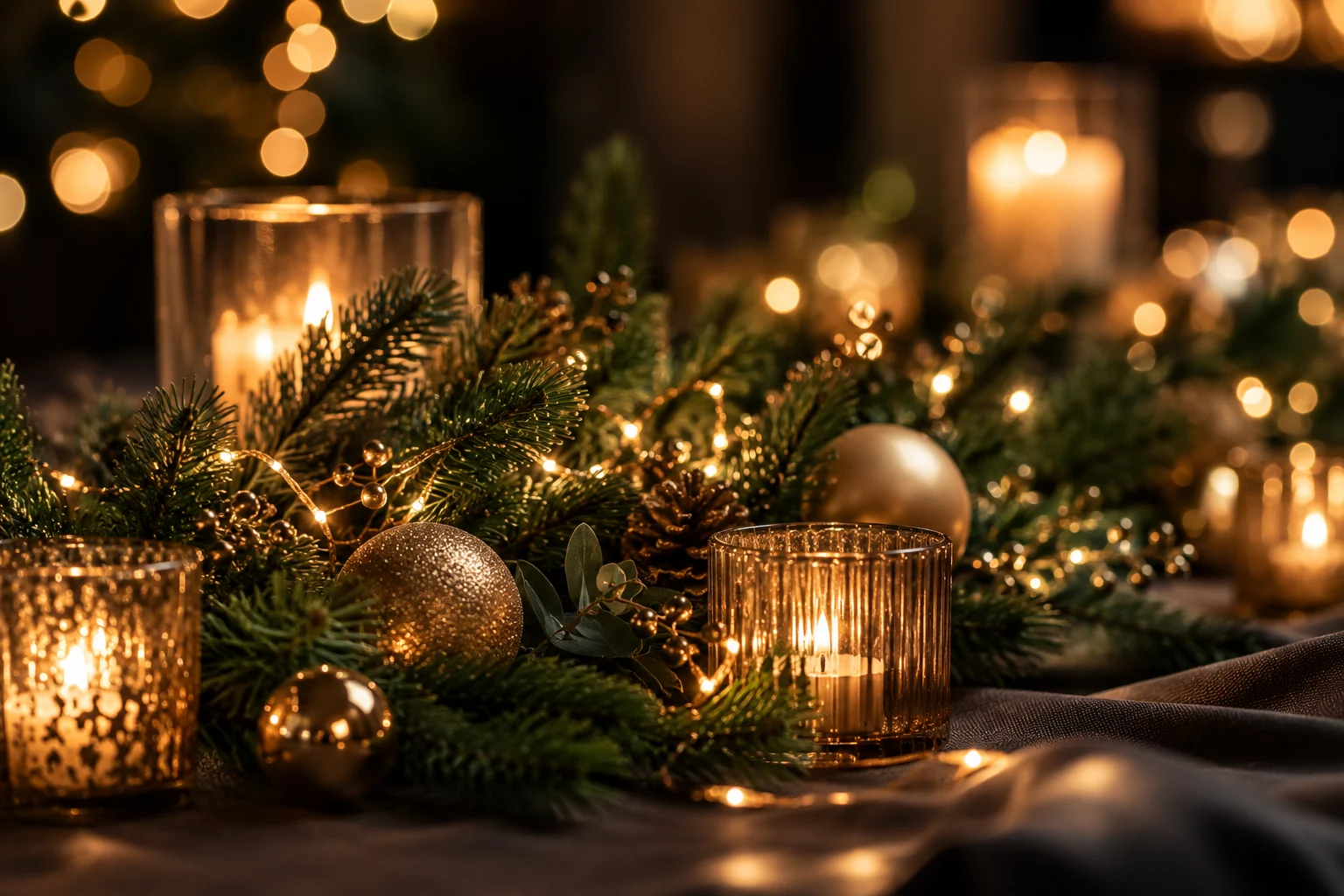 Weihnachtliches Stimmungsmotiv mit Tannenzweigen, Kerzen und Lichterketten